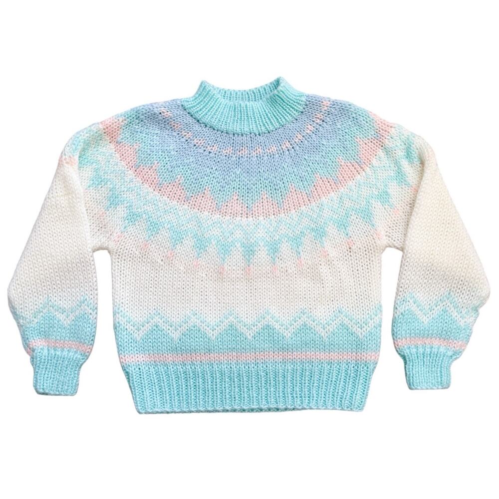 Vintage Pastel Fair Isle Sweater Nordic 80s 90s Hand Knit Icelandic Cabin Ski